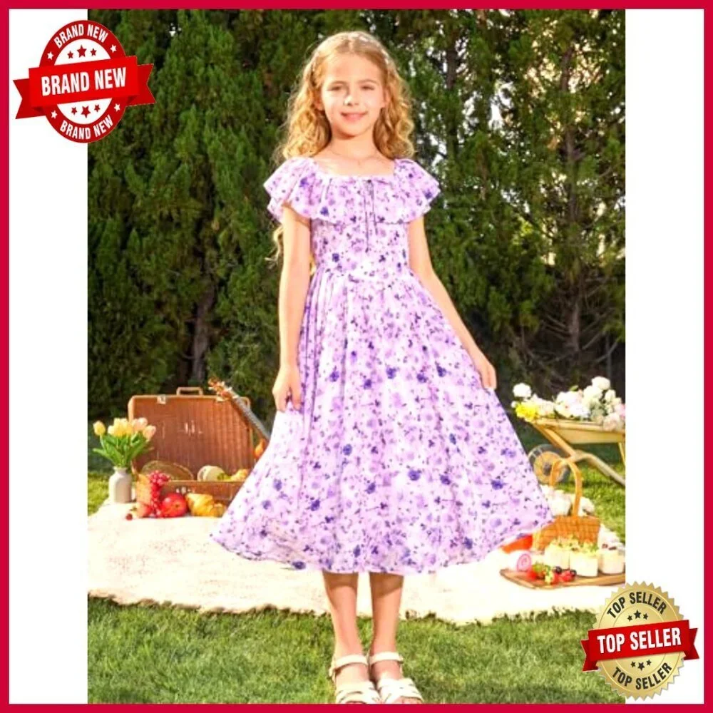Girls Floral Midi Dress Off Shoulder Ruffle Summer Elegant Dual Wear